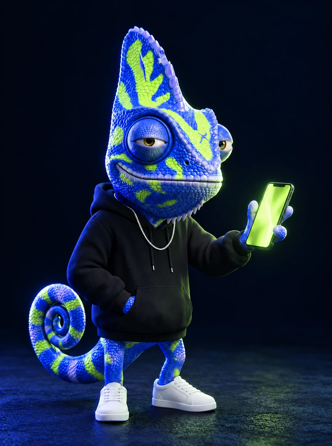 Mr. Trucho: camaleón de piel cobalto y lima, ojos dorados, sudadera oscura y cadena plateada, con un celular en la mano.